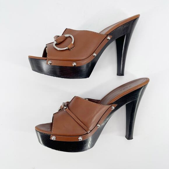 Gucci Cognac Brown Leather Icon Bit Platform Clog High Heel Slide Sandal EU 39.5 - Picture 5 of 12